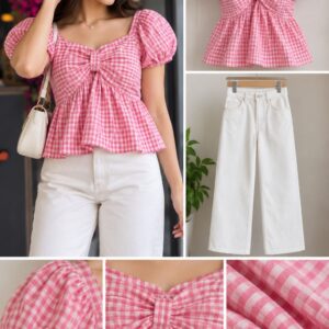Pink Gingham Bow-Front Puff Sleeve Peplum Top with White Wide-Leg Jeans