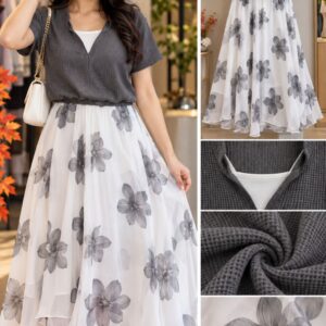 Grey Waffle Knit Top with Grey Floral Chiffon Maxi Skirt
