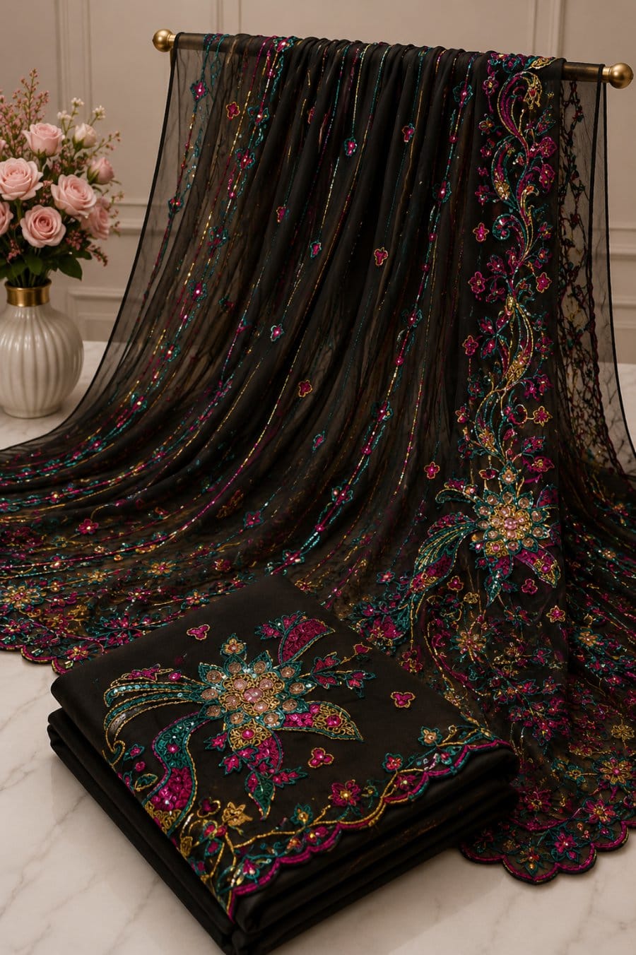 Black Net Multicolour Floral Sequin Embroidered Saree