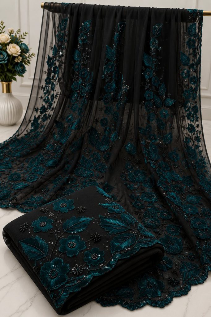 Black Net Saree with Teal Floral Sequin Embroidery and Scalloped Border