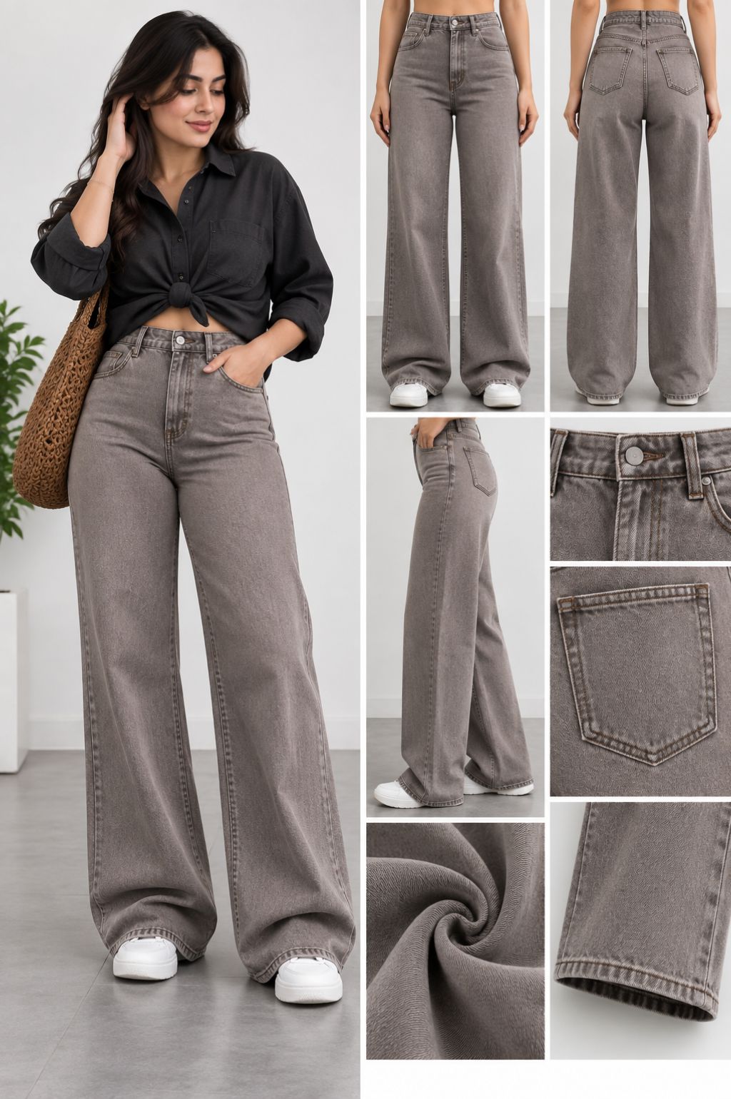 Taupe Grey High-Waist Wide-Leg Jeans