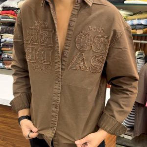 Men's Brown Oversized Applique Overshirt - Washed Cotton Full Sleeve Drop Shoulder Shirt