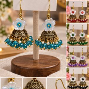 White Flower Crystal Jhumka Earrings