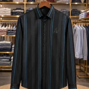 Men's Navy & Black Vertical Striped Shirt – Full Length Smart-Casual Wear
