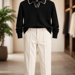 Charcoal Textured Polo & Neutral Trousers - Men's Versatile Smart Casual Set