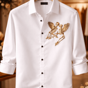 Men's White Shirt with Gold Skeleton Embroidery – Premium Casual Wear