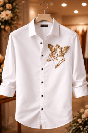 Men's White Shirt with Gold Skeleton Embroidery – Premium Casual Wear