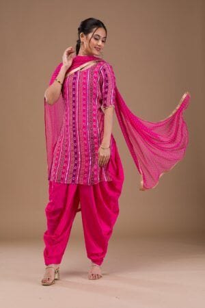 Magenta Zariwork Bandhini Pre-Stitched Salwar Suit