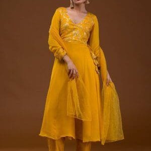 Golden Sequin Embellished Georgette Pre-Stitched Salwar Suit