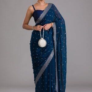 Royal Blue Floral Printed Semi Crepe Saree