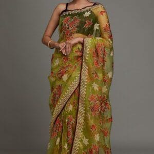 Red Printed Organza Designer Saree