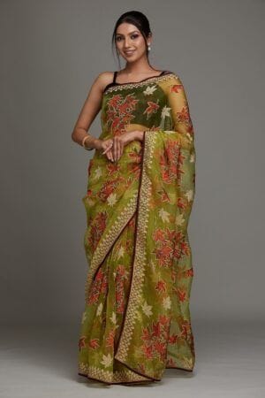 Red Printed Organza Designer Saree